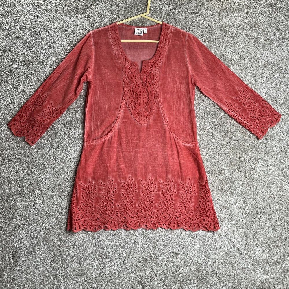 Parsley Sage Tunic Top Womens S Coral Orange Pink Eyelet Coastal Boho